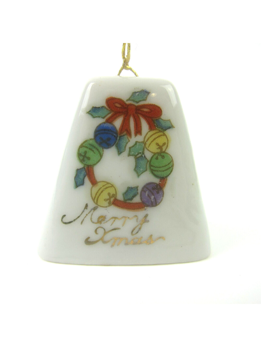 Vintage Christmas Bell Ornament Red Ribbon Wreath Holly Porcelain Japan 1950s